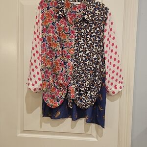 Rose & Olive Floral Button-Up Blouse in Navy, Pink & Orange